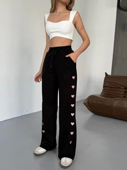 Osy Modal Yumuşak Dokulu Kumaş Nakış Işlemeli Rahat Bol Paça Eşofman Pantalon - Siyah - Resim 4