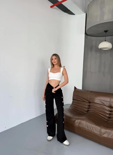 Osy Modal Yumuşak Dokulu Kumaş Nakış Işlemeli Rahat Bol Paça Eşofman Pantalon - Siyah - Resim 2