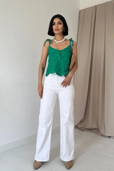 Yeşil Bağcıklı Brode Bluz - 2