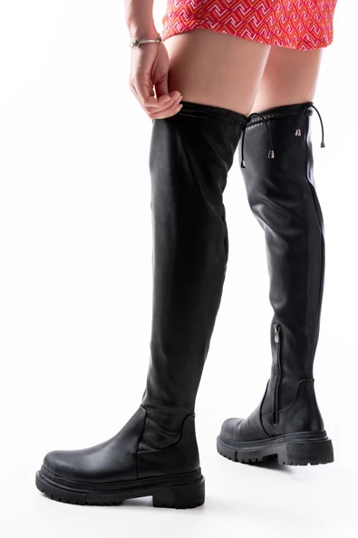 812-2194 Siyah Fermuarlı Diz Üstü Bağcıklı Çorap Günlük Kadın Çizme ürün görseli