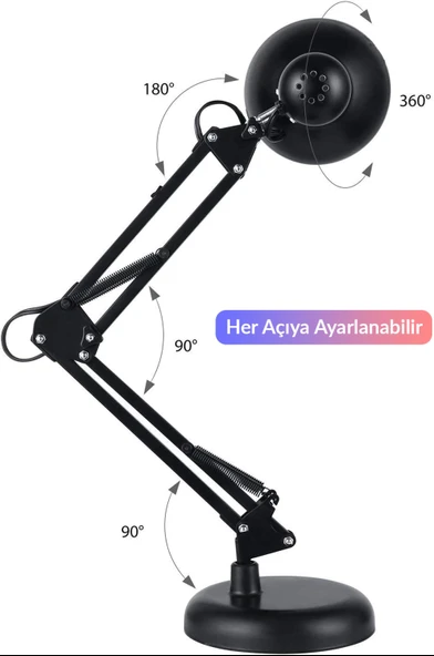 Akrobat Masa Lambası Yaylı Metal 360° Ayarlanabilir Çalışma Okuma Lambası Siyah - Resim 5