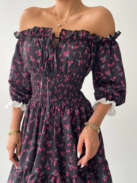 Marne Beli Lastikli Mini Elbise - Resim 5