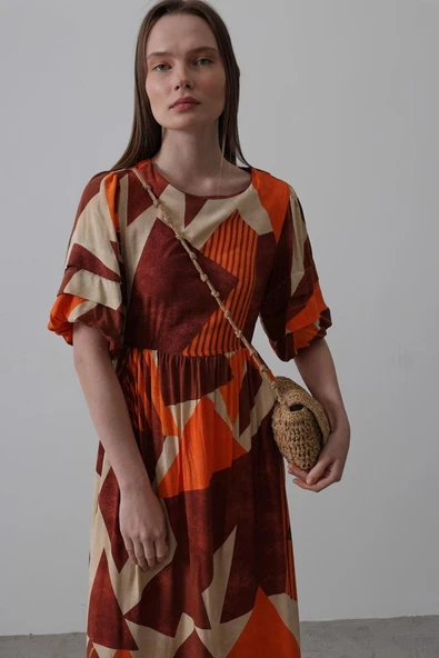 Desenli Balon Kol Kloş Elbise - Kahve - Resim 4