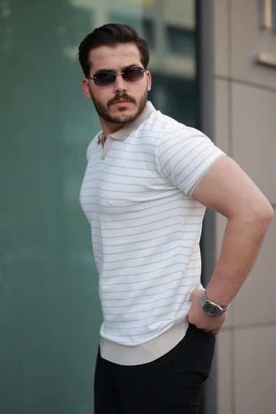 Erkek Kısa Kollu çizgi Desenli örme Kumaş Tshirt - 1