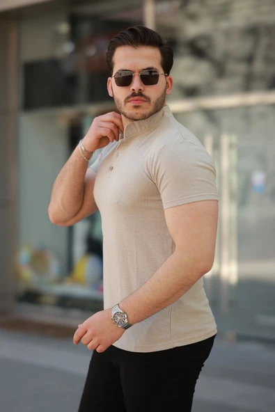 Erkek Hakim Yaka Dokuma Pamuklu Kumaş Kısa Kollu T-shirt - Resim 2