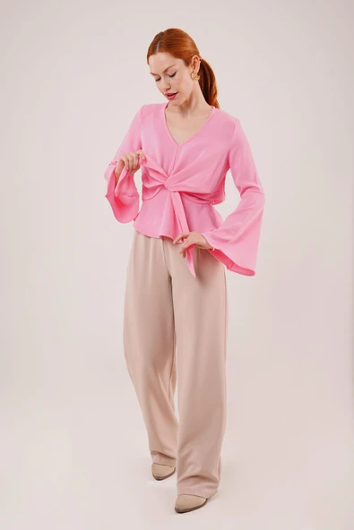 Ön Bağlamalı Volan Kol Pembe Bluz - 3