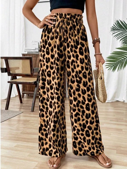 Kadın Süprem Kumaş Beli Lastikli Leopar Desen Pantolon - Resim 6