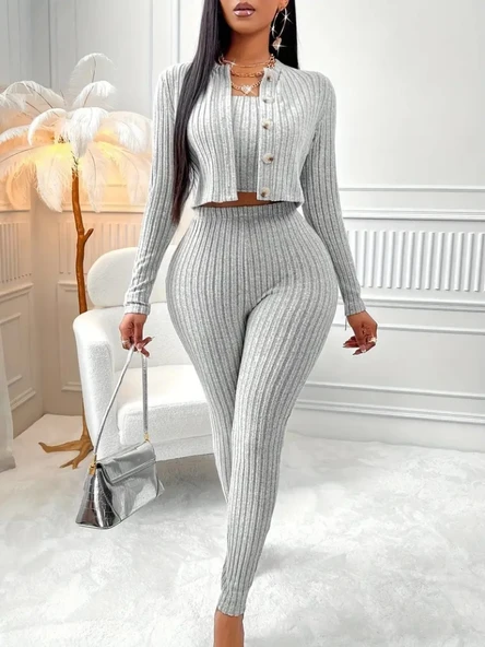 Kadın Uzun Kollu Straplez şardonlu Kaşkorse Bluz önü Düğmeli Ceket Ve Tayt Pantolonlu üçlü Takım - Resim 2