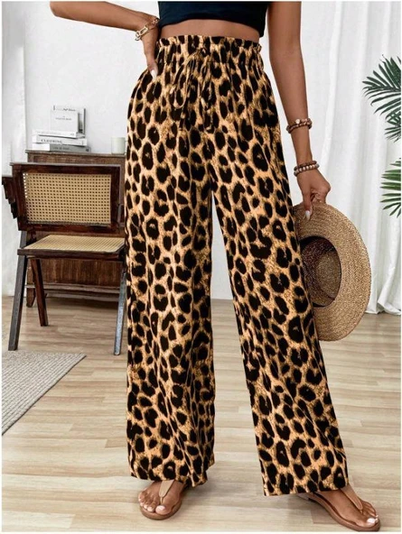 Kadın Süprem Kumaş Beli Lastikli Leopar Desen Pantolon - Resim 4