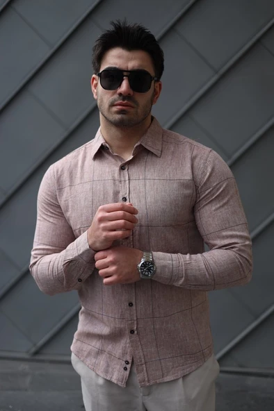 Erkek Pamuklu Keten Kumaş Gömlek - Resim 6