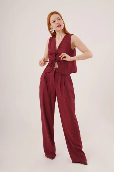 Ön Bağlama Detaylı Yelek Ve Pantolon Bordo İkili Takım - 4