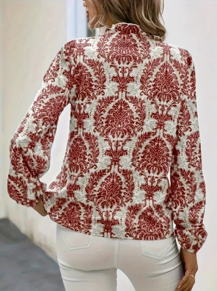 Kadın Uzun Kollu V Yakalı Desenli önü Düğmeli Ithal Keten Bluz - Resim 2