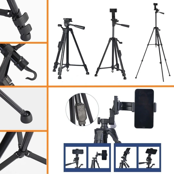 BUFFER® Telefon ve Fotoğraf Makinası Takılabilen Bluetooth Kumandalı 146 cm Tripod - 10