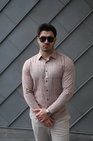 Erkek Pamuklu Keten Kumaş Gömlek - Resim 2