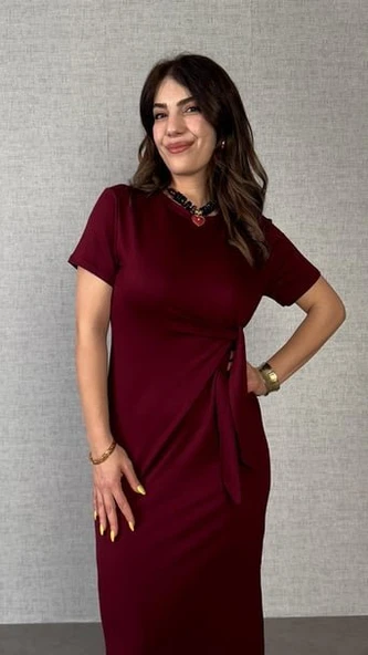 Kadın Kısa Kollu Bisiklet Yaka Yandan Bağlamalı Viskon Iki Iplik Elbise - Resim 12