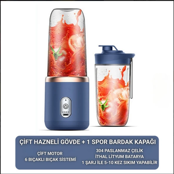 Polham 2 Bardaklı 6 Bıçaklı Çift Motorlu Ultra Güçlü Şarjlı Taşınabilir Smoothie Blender, Detoks Hazırlama Mikseri - Resim 4