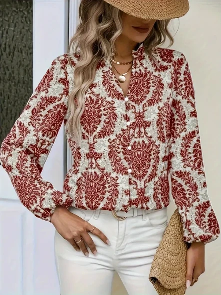 Kadın Uzun Kollu V Yakalı Desenli önü Düğmeli Ithal Keten Bluz - Resim 5