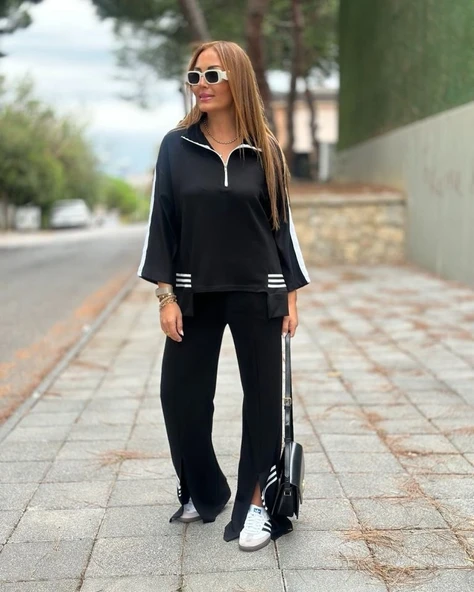 Kadın Polo Yaka Paça Yırtmaçlı Ribanalı İkili Takım - Resim 10