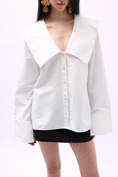 Geniş Yaka Volan Kol Gömlek - Resim 4