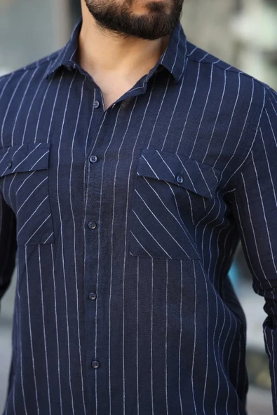 Erkek Pamuklu Çizgi Desenli Cep Detaylı Gömlek - Resim 3