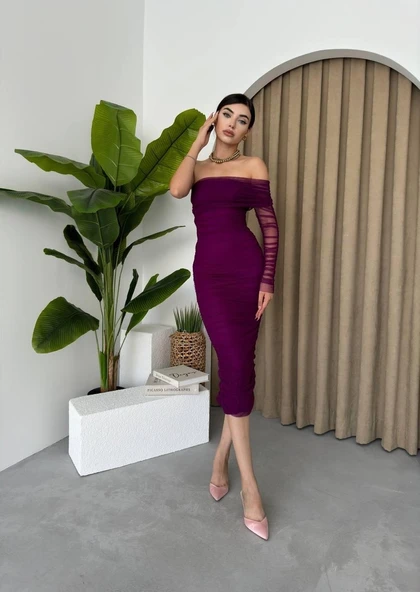 Polack Tek Omuz Tül Elbise - Resim 7