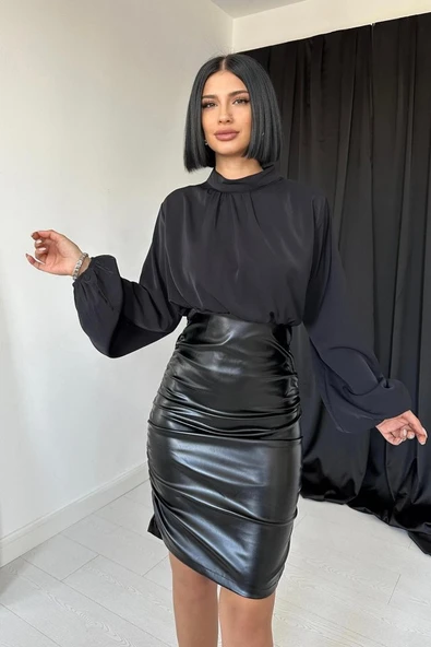 Siyah Deri Elbise - Resim 7