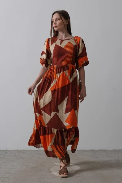 Desenli Balon Kol Kloş Elbise - Kahve - Resim 2