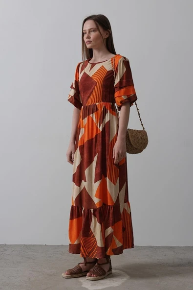 Desenli Balon Kol Kloş Elbise - Kahve ürün görseli