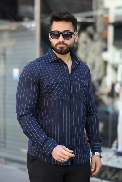 Erkek Pamuklu Çizgi Desenli Cep Detaylı Gömlek - Resim 2