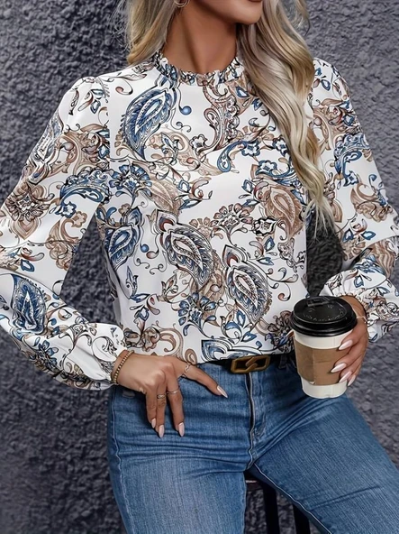 Kadın Uzun Kollu Yarı Balıkçı Yaka Desenli Süprem Bluz ürün görseli