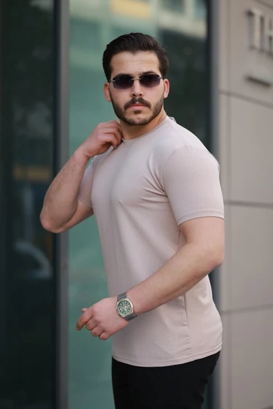 Erkek Kısa Kollu çizgi Kabartma Detaylı T-shirt - Resim 5