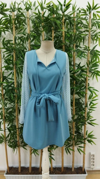 Kadın Uzun Kollu Yakadan Bağcıklı Belden Kuşaklı Ithal Krep Elbise - Resim 4