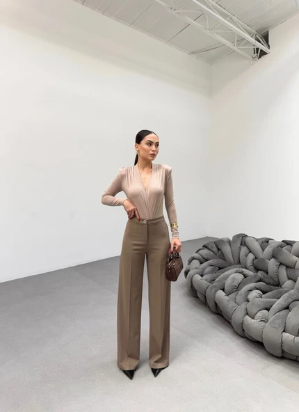 230 Gr Poly Viscose Lycra Metal Düğme Palazzo Pantolon - 1