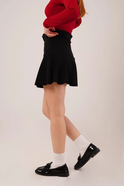 İçi Şortlu Siyah Mini Etek - Resim 2