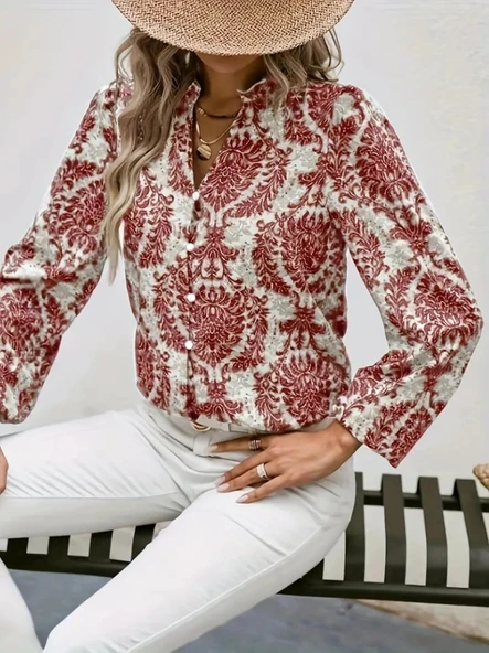 Kadın Uzun Kollu V Yakalı Desenli önü Düğmeli Ithal Keten Bluz ürün görseli