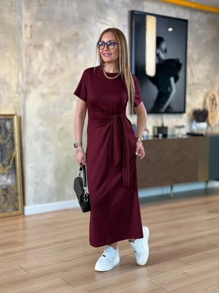 Kadın Kısa Kollu Bisiklet Yaka Yandan Bağlamalı Viskon Iki Iplik Elbise - Resim 6