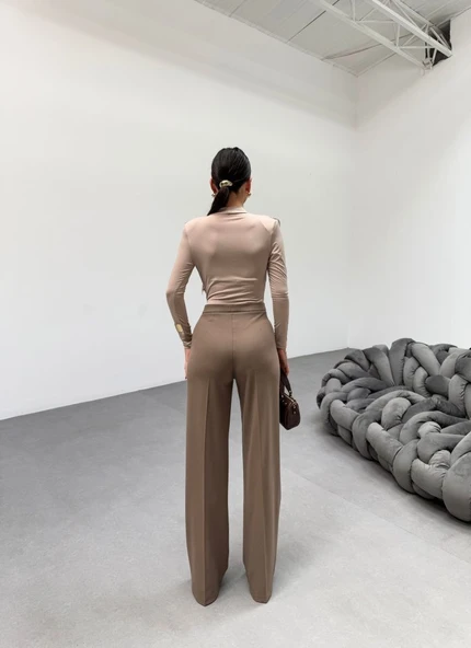 230 Gr Poly Viscose Lycra Metal Düğme Palazzo Pantolon - Resim 6