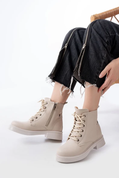 02-2003 Bej Galata Bağcıklı Fermuarlı Günlük Kadın Bot - Resim 7