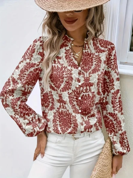 Kadın Uzun Kollu V Yakalı Desenli önü Düğmeli Ithal Keten Bluz - Resim 3