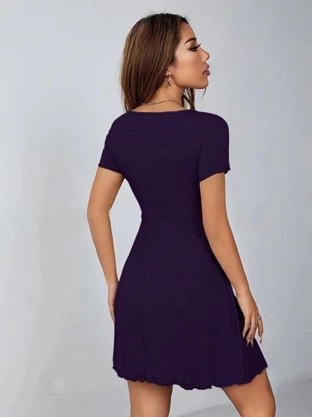 Kadın Kısa Kollu Derin Büzgülü V Yakalı Viskon Elbise - Resim 5