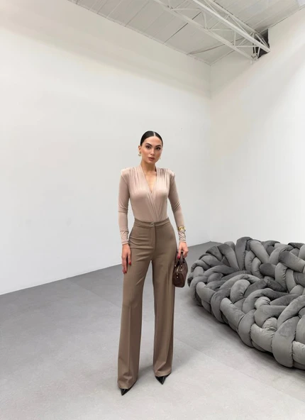 230 Gr Poly Viscose Lycra Metal Düğme Palazzo Pantolon - Resim 4