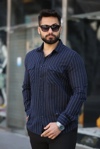 Erkek Pamuklu Çizgi Desenli Cep Detaylı Gömlek ürün görseli