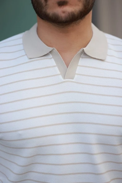 Erkek Kısa Kollu çizgi Desenli örme Kumaş Tshirt - Resim 3