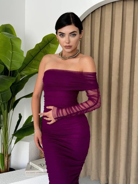 Polack Tek Omuz Tül Elbise - Resim 5