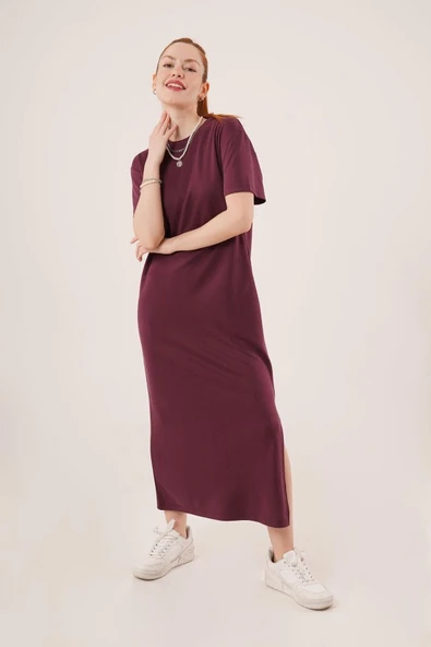 Yırtmaç Detaylı Kısa Kollu Salaş Maxi Bordo Elbise - Resim 3