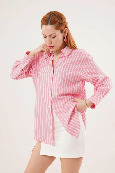 Çift Çizgi Geçişli Düğmeli Pembe Gömlek - Resim 3