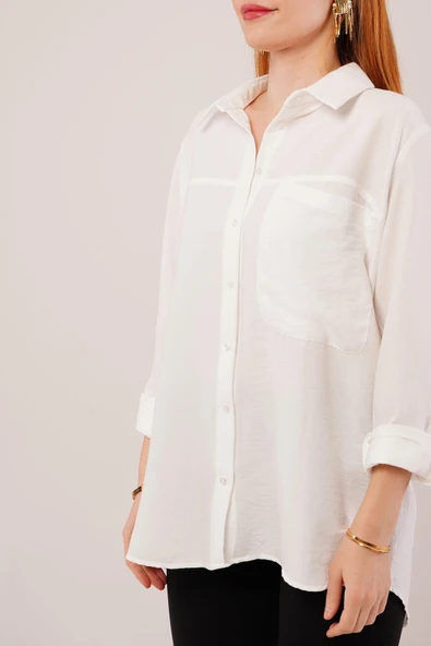 Salaş Kesim Cepli Beyaz Gömlek - Resim 8