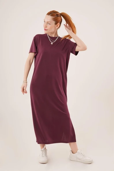 Yırtmaç Detaylı Kısa Kollu Salaş Maxi Bordo Elbise - Resim 4