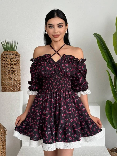 Marne Beli Lastikli Mini Elbise - Resim 6