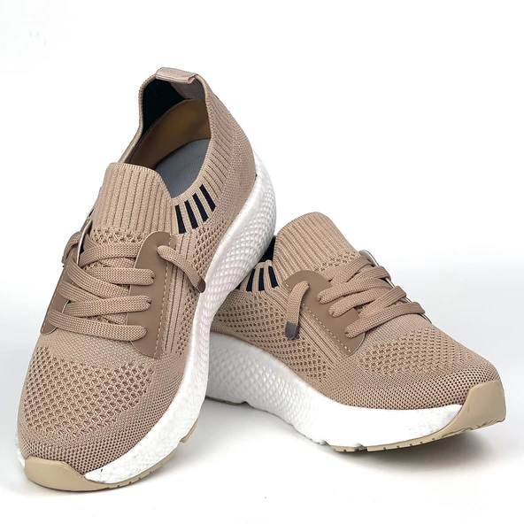 Kadın  Bej Triko Günlük Rahat Ortopedik Terletmeyen Spor Sneaker Ayakkabı - Resim 3